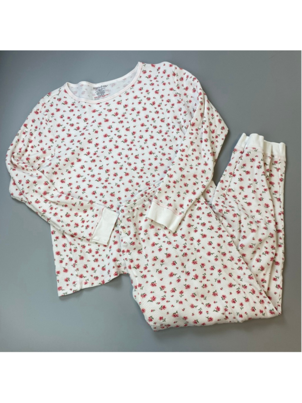 Waffle-Knit Floral Pajama Set - White with Pink Rose Print